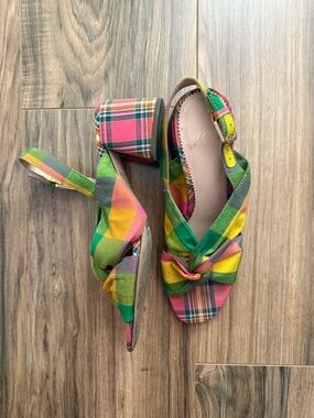 J. Crew Multicolor Plaid Knot Block Heel Sandals - Pink Green Yellow